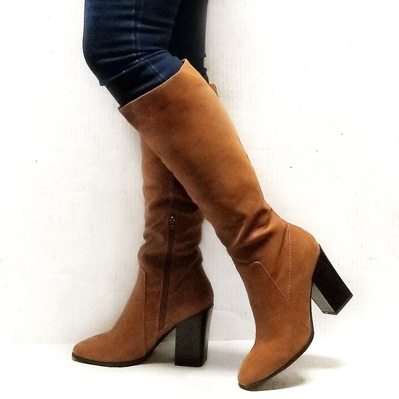 Shoes - New Tan Square Toe Knee High Chunky Heel Boots